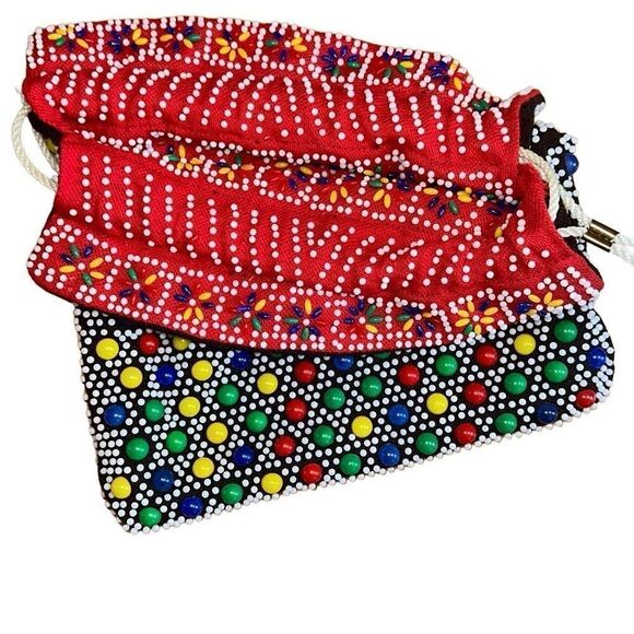50s/ 60s reversible Multi-Colored Beaded Drawstring purse bag Hong Kong
